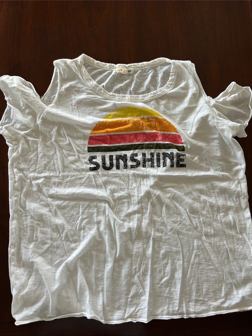 Sundry White 'Sunshine' Graphic Cold-Shoulder Tee with Sunset Stripes